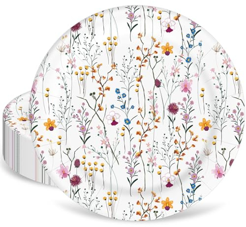 Whaline 40 piatti di carta con fiori selvatici da 22,9 cm, usa e getta, motivo primaverile, piatti da dessert decorativi, per picnic, compleanni, matrimoni, addio al nubilato, baby shower, decorazioni