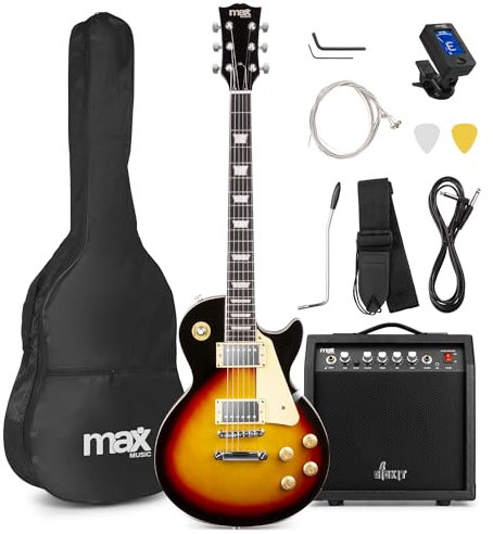 Max GigKit LP Style E Gitarre, E Gitarren Set mit Gitarrenverstärker, Tasche, Plektrum, Stimmgerät, Instrumentenkabel, Ersatzsaiten, Gitarrengurt, 22 Bünde - Sunburst