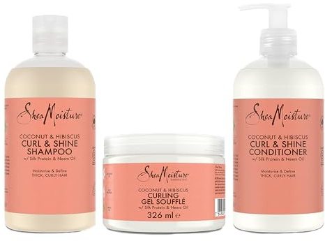 SheaMoisture Coconut & Hibiscus Curl & Shine Shampoo, Conditioner & Curling Gel Soufflé - 3-teiliges Set