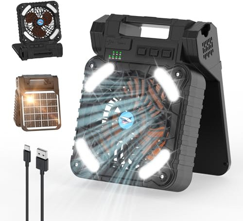 Smiling Shark Ventilador de Camping con LED, 12000mAh Batería Recargable 90° Plegable Solar Ventilador de acampar con luz 4 Velocidades & Power Bank Portátil Camping Fan with Light para Pescar Viajar