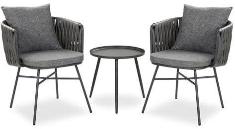 Homestyle4u 2445, Gartenmöbel Set Wetterfest Rattan Sitzgruppe Grau 3-Teilig 2 Gartenstühle mit Kissen Tisch Outdoor Garten Balkon Terrasse