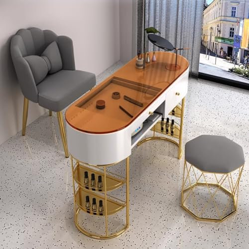 CUNTO Table de manucure indépendante en verre trempé, station de travail de technologie des ongles d'art moderne, équipe de magasin de manucure professionnelle, table à ongles avec pieds de rangement,