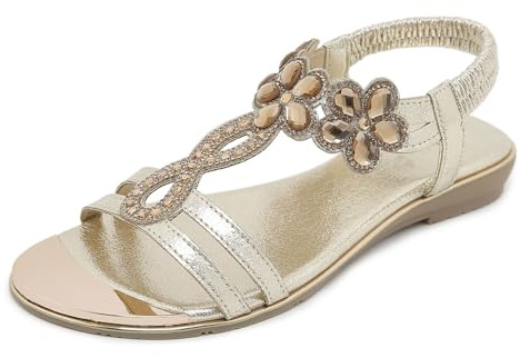 FLtoxu Sandales d'été élégantes plates pour femme - Chaussures d'été confortables avec strass - S131