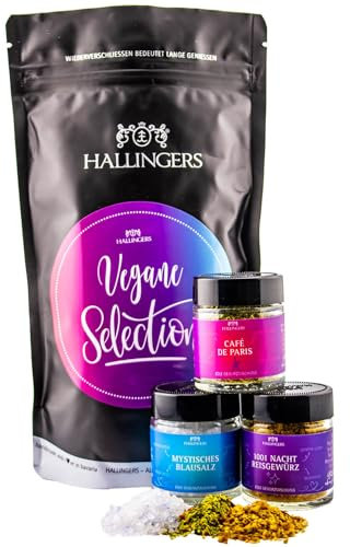 Hallingers Vegan Selection - Vegane Wundertüte Geschenk Set für Veganer mit Blausalz Reisgewürz & Café de Paris (Bag) - Geschenk im Sommer & als perfektes Grillgeschenk | Danke Glückwünsche Freundscha