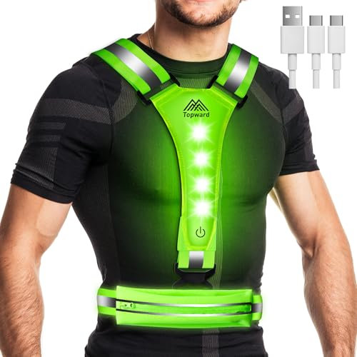Topward LED Laufweste Warnweste Fahrrad, High-Vis reflektierende Sicherheitsweste, 360°reflektierendes Band, wiederaufladbar per USB-C, wasserdicht, einstellbar