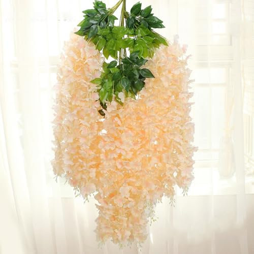 Whakano 12 Set Künstliche Glyzinien Blumen 115cm,Girlande Deko Fake Efeu,Kunstpflanze Hängend,Künstliche Pflanzen für Küche,Schaukel,Hochzeit,Garten,Haus,Party,Weihnachten Dekor,Wanddekor,Champagner