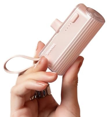 SHARGE Powerbank 5000mAh Pink Flow Mini, Ultrakompakter Tragbarer Zusatzakku mit Austauschbaren Steckern, Integriertes USB-C-Kabel, Kkompatible Powerbank mit iPhone16/15/14/13 Pro Max Plus