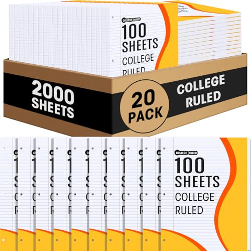 Fainne 20 Pack College Ruled Notebook Paper Bulk 8 x 10.5'' College Ruled Loose Leaf Paper Bulk Notebook Paper Lined Filler Paper for 3 Ring Binders for College School Classroom 100 Sheets Per Pack