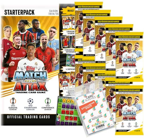 Bundle mit Match Attax Champions League 2024/25 - Trading Cards - 1 Starter + 10 Booster + Exklusive Collect-it Hüllen