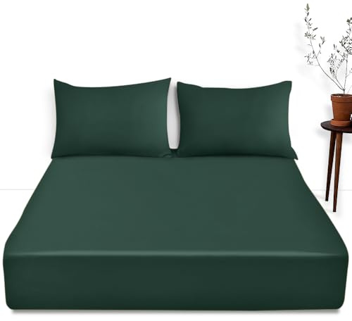 Extra Deep Fitted Sheets Double Bed- Luxury Bedding Soft Bottom Sheet- Polycotton Deep Pocket Bed Sheet- Dark Green
