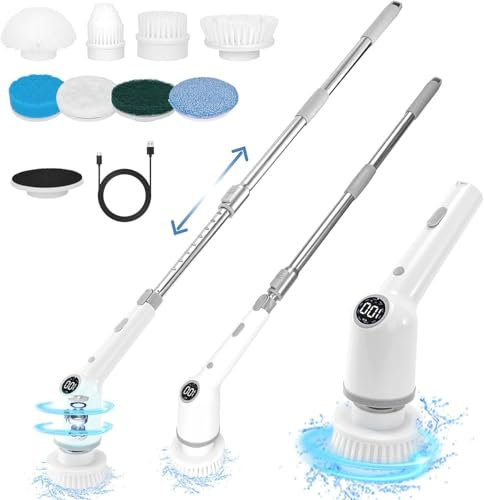 Gevvnss Cepillo Eléctrico Giratorio Inalámbrico,Cepillo de Limpieza Recargable,3 Modos de Velocidad y 8 Cabezales de Cepillo de Limpieza,Mango Ajustable,para Bañera,Azulejos,Ventanas,Cocina,Coche