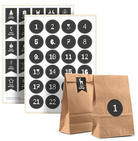 Adventskalender Tüten & Adventskalender Aufkleber – 24 Tüten, Zahlen & Verschluss Sticker – Bastelset Adventskalender 2024 Kinder Frauen Männer – Adventskalender zum Befüllen - Zahlen - Schwarz