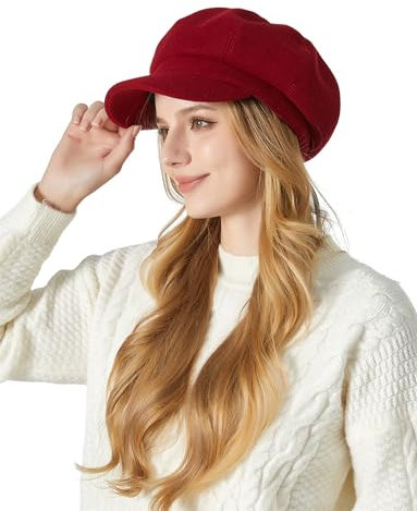 FEOYA Damen Klassisch Ballonmütze Newsboy Cap Schirmmütze Vintage Herbst Winter Barett Kappe Maler Mütz Rot