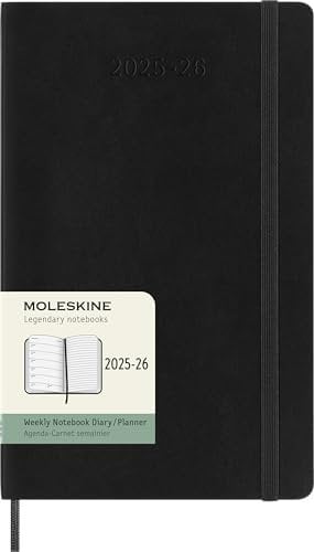 Moleskine Wochen-Notizkalender 2025-2026, 18-Monats-Wochenplaner mit Notizplatz, Weiche Einband und Gummiband, Großformat 13 x 21 cm, Schwarz