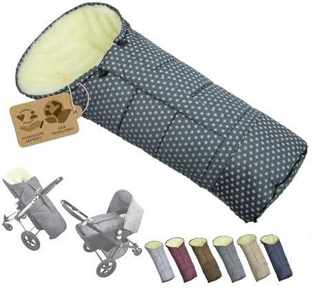 Fußsack [Winterfußsack für Kinderwagen] Buggy Schlitten Kuschelsack universal in Mumienform mit Lammwolle Größe anpassbar warm mit Reißverschluss waschbar (Sterne dunkelgrau)
