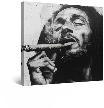 Startonight Leinwandbild, Schwarz-Weiß, Bob Marley, kubanische Zigarre, Kunstwerk, Fertig zum Aufhängen, für Wohnzimmer, Großes Bild, Wanddekoration, Druck, Wohnzimmer Groß Wand Bild 80 x 80 cm