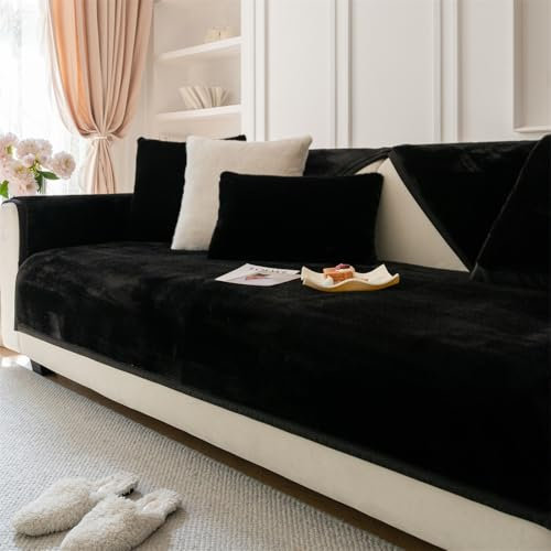 LINGKY Sofa Überzug, Samt Sofabezug 1 2 3 4 Sitzer Sofabezüge Couch Überzug L Form Ecksofa Sofa Couch Überwurfdecke, Sofahusse Sofaüberwürfe Sofaschoner Sofa Abdeckung (Schwarz,110x110cm)