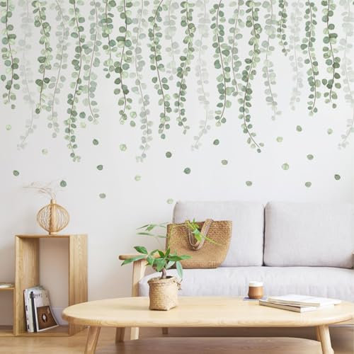 SanKristo Greenery Leafy Branch Wall Sticker, Hanging Green Vine Wall Decals Self Adhesive Plants Leaf Leaves Birds Window Wallpaper, Wall Mural Bedroom Living Room Office Sofa TV Background