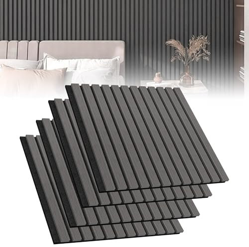 Froadp Akustikpaneele 4er Set Holz-Furnier Akustische Wandpaneele 60 x 60 cm Wandverkleidung Zuschneidbare Lamellenverkleidung Holz-Akustikplatten für Wohnzimmer Studio Büro, Anthrazit