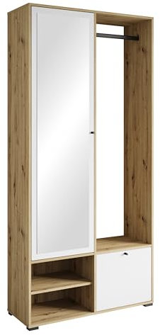 MINIO go for it - Garderobe Set 90 cm Breit, Flurgarderoben Set DAFNI mit Spiegel, Garderoben Set mit Ablage und Schuhschrank, Garderobenschrank Flur, Vorzimmer Möbel, Artisan Eiche/Weisse Farbe