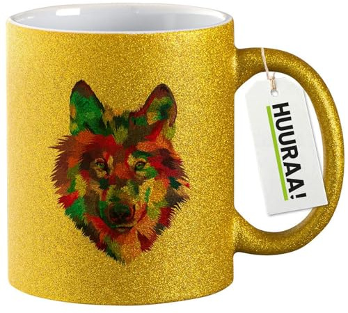 Huuraa Glitzertasse Wolf Colorful Geschenk | Motivtasse 330ml Glitzer Tasse mit Spruch Gold Keramik Kaffeebecher Geschenkidee Goldener Glitter Becher mit Motiv