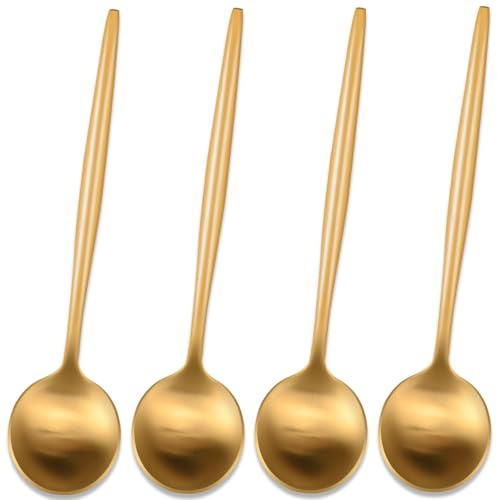 5.1 Inches Satin Gold Coffee&Tea Spoons,Small Demitasse Spoon,Mini Spoons for Stirring,Gold Teaspoons Set of 4 SS18/10 Solid Round Spoon
