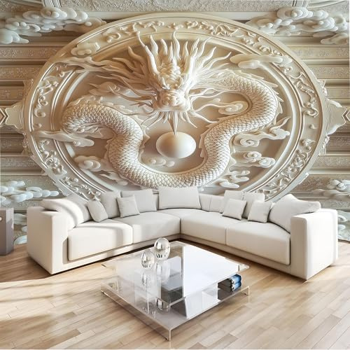 Weiß Fototapete 3D-Weißer Drache Spielt Mit Perlenkunst 250x175 cm, Vlies Fototapete Wandtapete Bildtapete Wand Dekoration Moderne Wandtapete Wohnzimmer Schlafzimmer