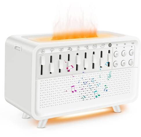 White Noise Machine with Humidifier, 8 Soothing Sounds & Bluetooth Speaker, Adjustable Night Light with Flame Effect, Timer for Sleep Therapy for Relaxation, Office, Home