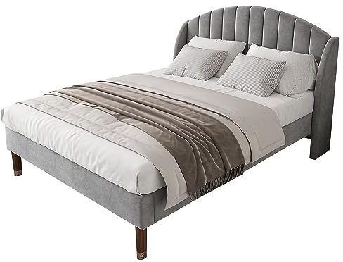 SogesPower Graues Samt Polsterbett 140x200cm mit Silent-Technologie & Memory-Schaum-Kopfteil, 7-Zonen-Kiefernlattenrost für vibrationsfreien Schlaf und ergonomische Entlastung