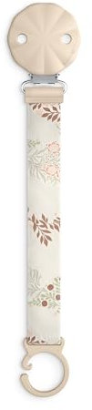 Suavinex, Portaciuccio in tessuto per neonati, morbido e flessibile, nastro con decoro su due lati, clip per ciuccio con pinza. Per neonati +0 mesi, adatto per neonati, Poetry Beige