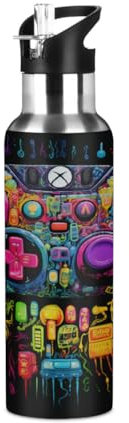 Mexpekil Colorful Game Water Bottle with Straw Abstract Pattern Insulated Sports Stainless Steel Water Bottle Leakproof Drink Bottles for Kids Girls Boys School Running 600ml