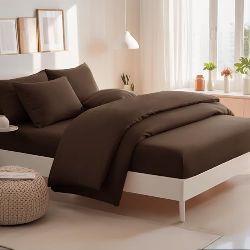 RUIKASI Super King Duvet Set 4 Piece Brown - Superking Bedding Sets Microfiber Duvet Cover with Fitted Sheet and Pillow Cases