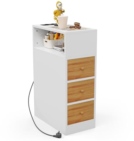 PIPIPOXER Nachttisch schmal, Nachttisch mit Steckdose & USB, Nachtschrank mit 3 Schublade, 1 Offenen Fächern für Schlafzimmer, Wohnzimmer, 45x25x70 cm (Weiß + Holz, 1er Set)