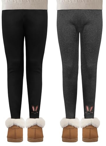 MASOCIO 2 Pack Leggins Felpati Termici Bambina Pantaloni con Ricamo di Coniglietto 4-13 Anni