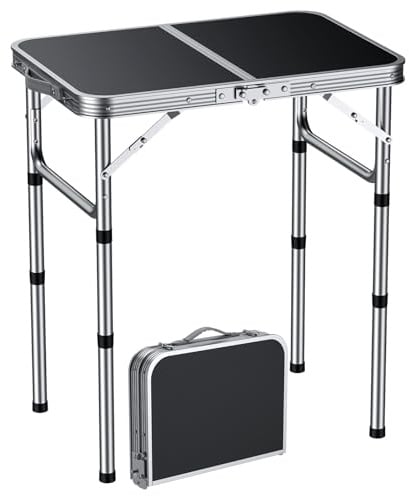 EYPINS Klappbarer Campingtisch Höhenverstellbar, Tragbarer Camping Tisch Kleiner Klapptisch (58x40 cm in 3 Höhen)- Schwarz-Silber, Aluminiumrahmen- Für Camping, Garten, Picknick & Outdoor