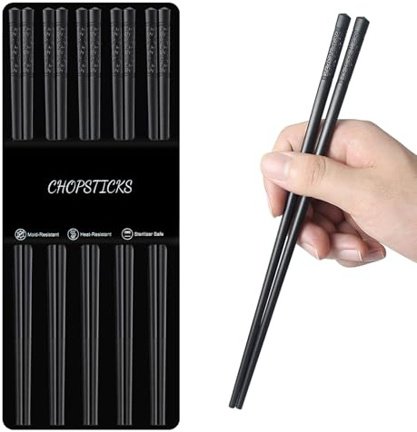 Kucensi 5 Pairs of Fibreglass Chopsticks, Reusable Alloy Black Japanese Sushi Non-Slip Chopsticks Set, Dishwasher Safe