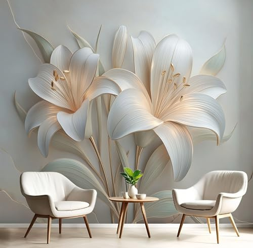 Fototapete 200x140cm Seide Tapeten XXL Lilie Wandtapete Elegante 3D-Blumen 3D Effekt Wand Dekoration für Wohnzimmer Schlafzimmer Korridor - Beige