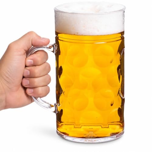 bar@drinkstuff Plastic Beer Stein – German-Style 2-Pint (1 L) Polystyrene Tankard Mug with Handle – Reusable, Rigid, Dimpled Finish – Ideal for Festivals, Outdoor Events & Bars (2)