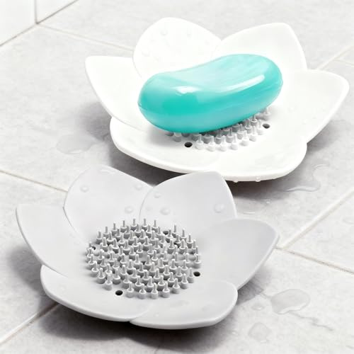 2 Pcs Lotus Shape Shower Steamer Tray, Silicone Soap Holder Non-Slip, Flower Shape Draining Soap Dishes with Drainage for Shower Non-Slip Holders Bathtub, Sink & Modern Bathroom Décor