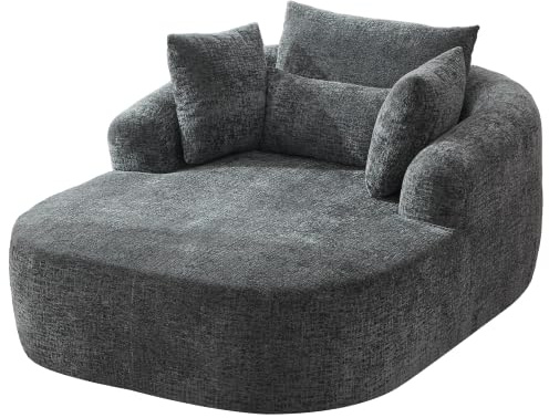 JKECAMARK Gemütliche Chaiselongue aus Chenille-Stoff, übergroßes, geschwungenes Akzentsofa mit 4 Zierkissen, modernes Polstersofa für Wohnzimmer, Schlafzimmer oder Wohnung (Grau)