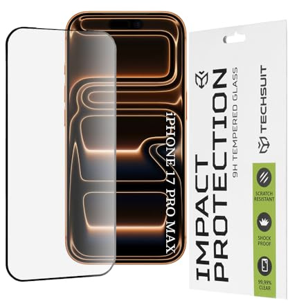 Techsuit Displayschutzfolie für iPhone 17 Pro Max Gehärtetes Glas mit 9H Härte, Vollständige Abdeckung, Stoßschutz, Oleophobe Beschichtung, Anti Fingerabdruck, Blasenfrei, 111D Full Glue