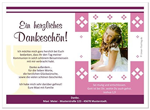 Dankeskarten zur Kommunion, für Mädchen, mit oder ohne Foto, süße moderne Karten, Text änderbar, Menge 20, Größe 17 x 12 cm