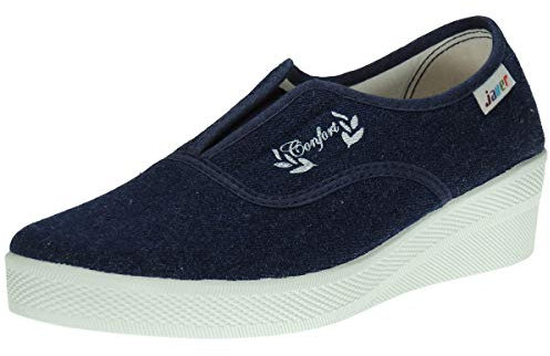 JAVER Zapatilla Deportiva Aerobic Lona Mujer Cuña 4Cm Ajuste Elástico Empeine Piso Goma Antidelizante Tejano Talla 39