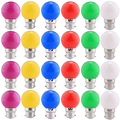 AIWEISI 24 Pack ampoules LED de couleur B22 ampoules lanterne à baïonnette 2W, violet, vert, bleu, rouge, jaune, blanc chaud, Noël, arbres, veilleuses de fête de fée [Classe A Energy +]