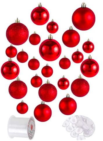 PEPAXON - Palline di Natale da appendere al soffitto, decorazione natalizia, 4-8 cm, 24 palline + 24 ganci