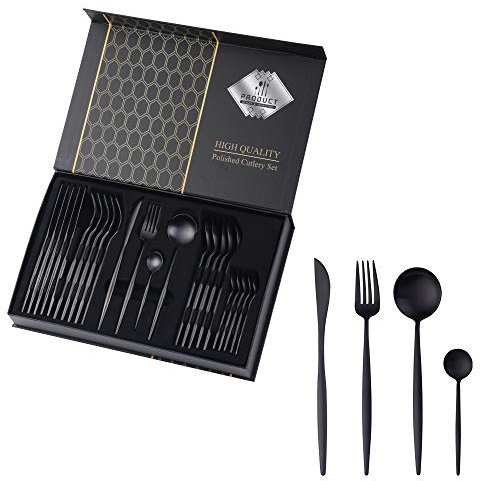 Do Buy 24-Piece Cutlery Gift Sets Silverware Cutlery Sets with Gift Box Knife Spoon Fork Set 18/10 Stainless Steel(Black)