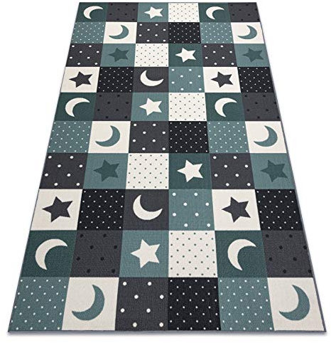 rugsx Teppich Stars Kinderteppich für Babyzimmer, Spielteppiche, Kinderzimmer, türkis/grau 200x450 cm