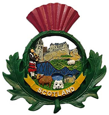 Scotland Thistle Collage Fridge Magnet - Scottish Piper, Highland Cattle, Sheep, Terrier, Forth Bridge Souvenir