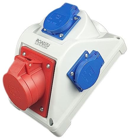 RoadEu - Toma de pared combinada - 16A 5P, 3 x enchufe Schuko 230V 16A, Distribuidor de Corriente Eléctrica, Caja cuadro electrico IP44. Ideal para taller, cobertizo o jardín