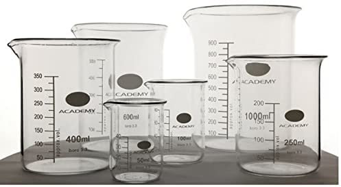 Academy 1 Litre Glass Laboratory Beaker 1000ml | 13 Different Low Form Lab Beaker Sizes | Available from 5ml to 5000ml | All Borosilicate 3.3 Glass